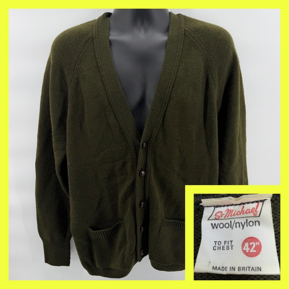VTG 80s St Michael Wool Cardigan Sweater Mens 42 Olive Green Made in Britain